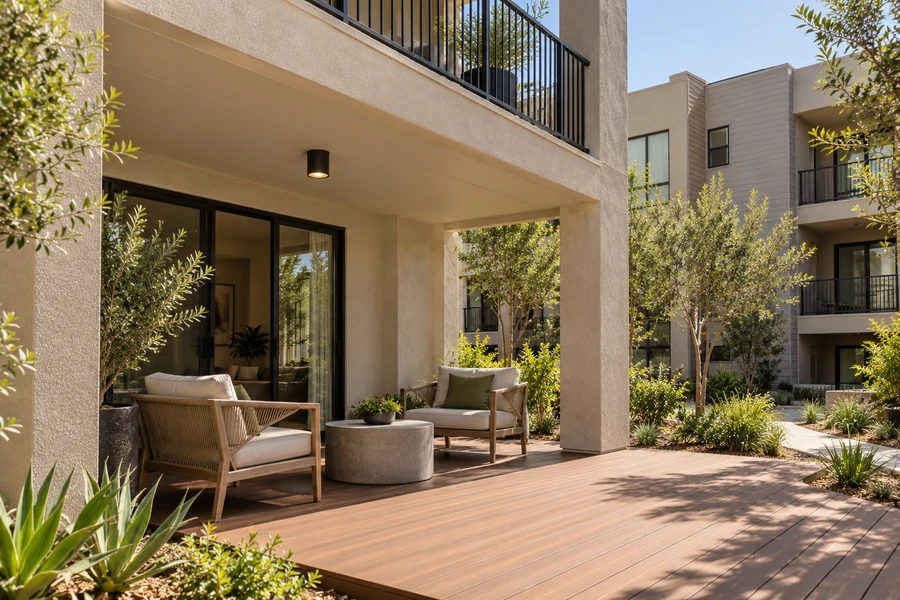 Ground-level composite deck partly covered by the floor above, with a ceiling light and lounge chairs by the sliding door
