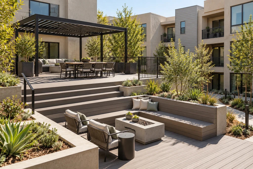 Multi level composite deck in a California apartment courtyard: upper tier under a black steel pergola, wide steps with a handrail down to a lower lounge tier with a built-in bench, railing only where the upper tier stands high