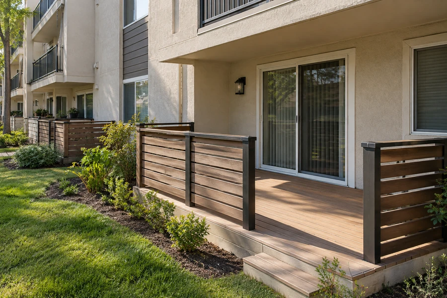 Ground floor deck with wood slat railing and a step outside a sliding door at a multi story building