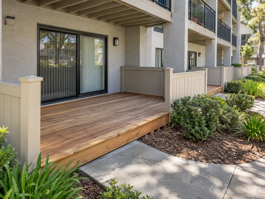 Wood plank ground floor deck with tan privacy walls beside a paved walkway at a multi story building