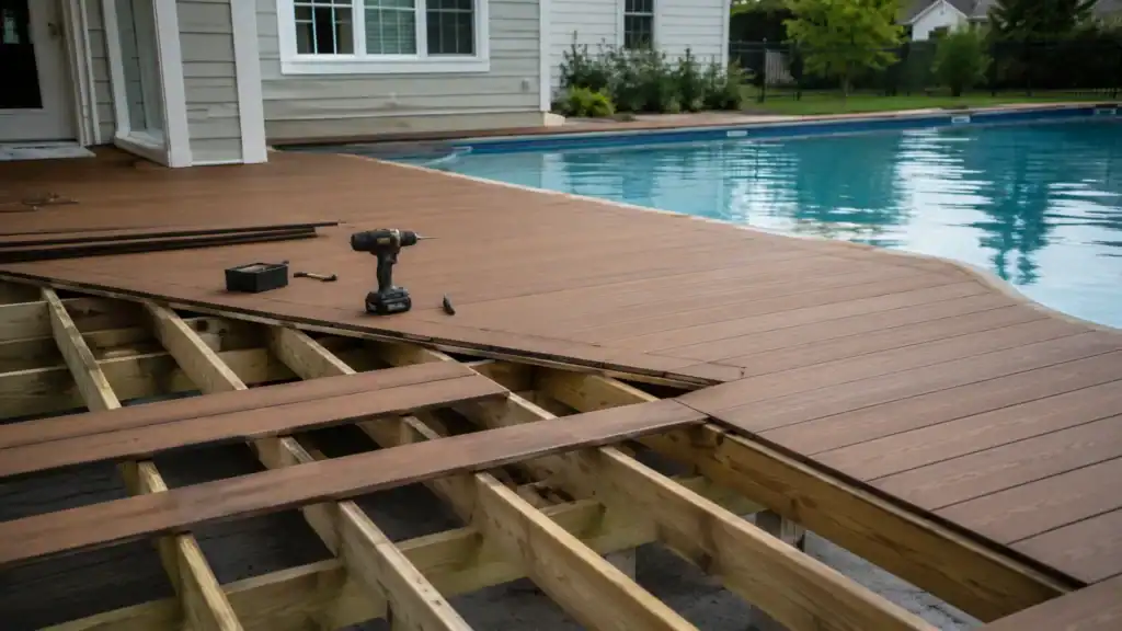 Pool deck being built, with decking laid over the frame right at the water's edge