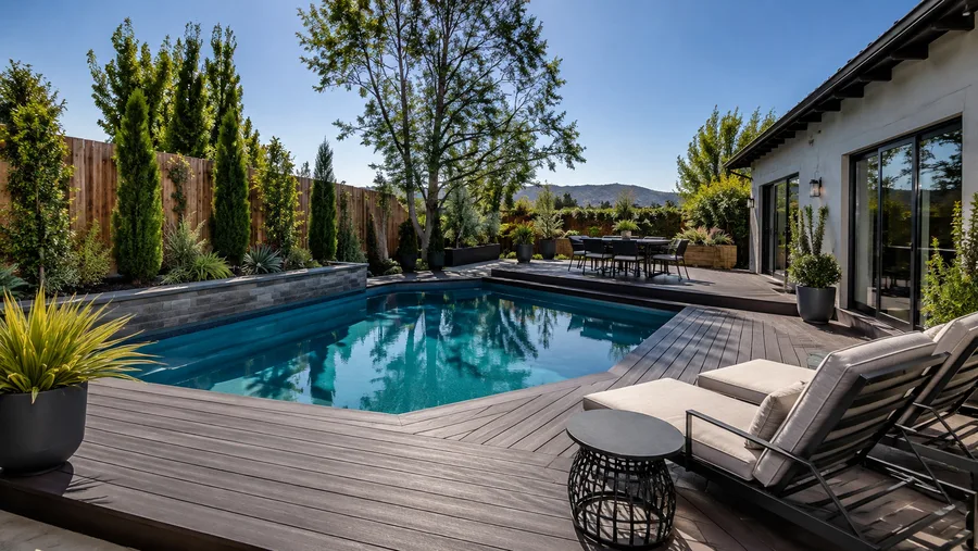 Composite pool deck wrapping the water with lounge seating and planted borders