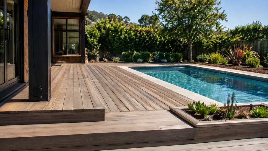 Hardwood pool deck running to the coping edge with a stone border at the waterline