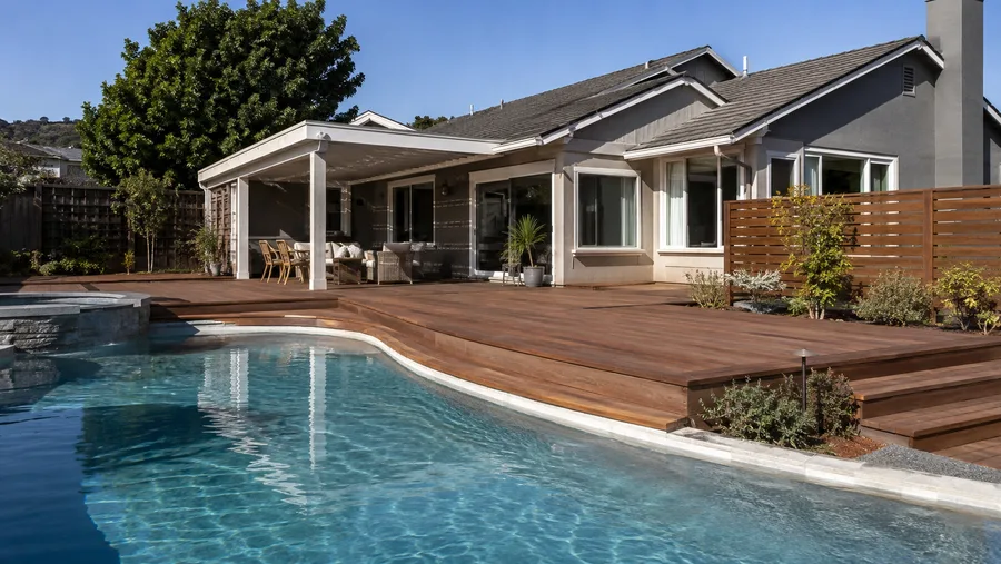Raised timber pool deck curving around a pool with a covered seating area beyond