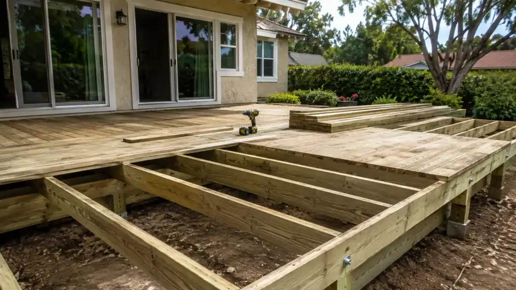 Pressure-treated deck frame with joists exposed and pressure-treated decking being laid over it