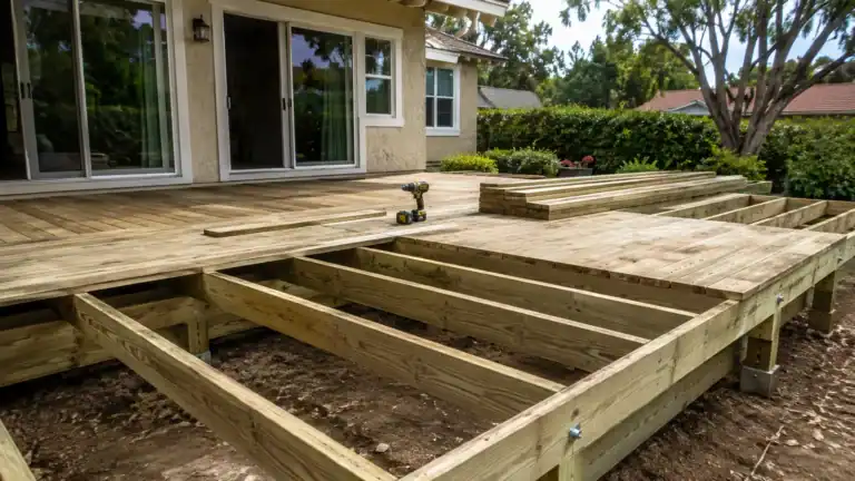 Pressure-treated deck frame with joists exposed and pressure-treated decking being laid over it