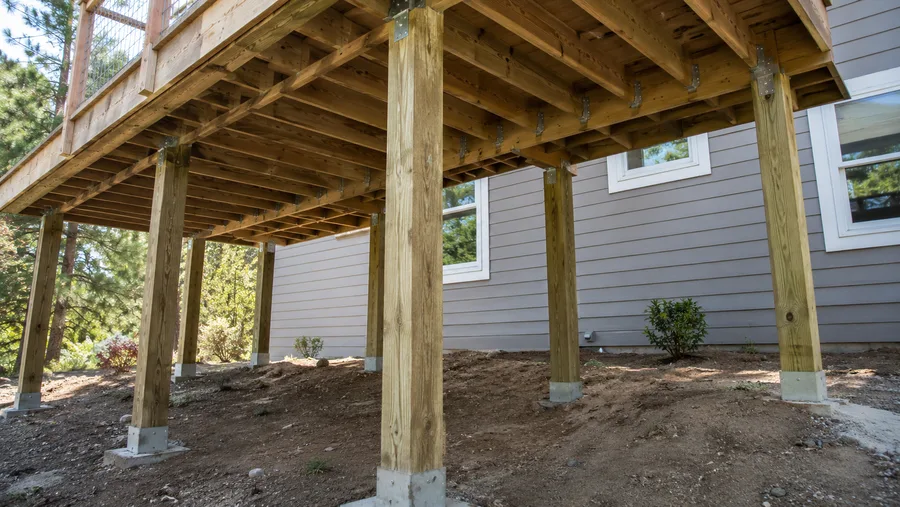 Underside of an elevated pressure-treated deck showing posts, beams and metal connectors