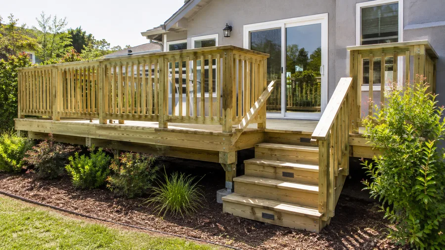 Finished pressure-treated deck with matching timber guardrails, steps and handrail