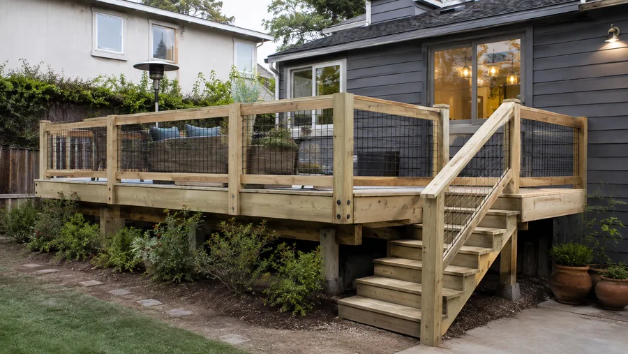 Elevated pressure-treated deck with timber guardrails, wire infill and a stair run