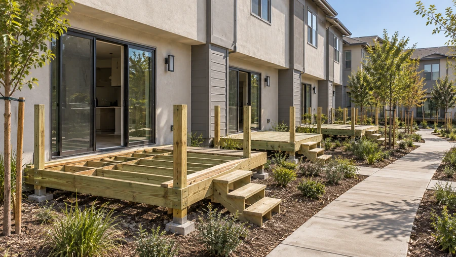 Row of pressure-treated deck frames at a townhome community, one boarded and the rest open