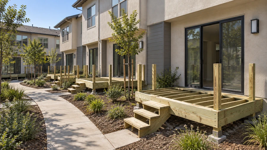 Pressure-treated frames and steps along a courtyard path, guard posts standing ready