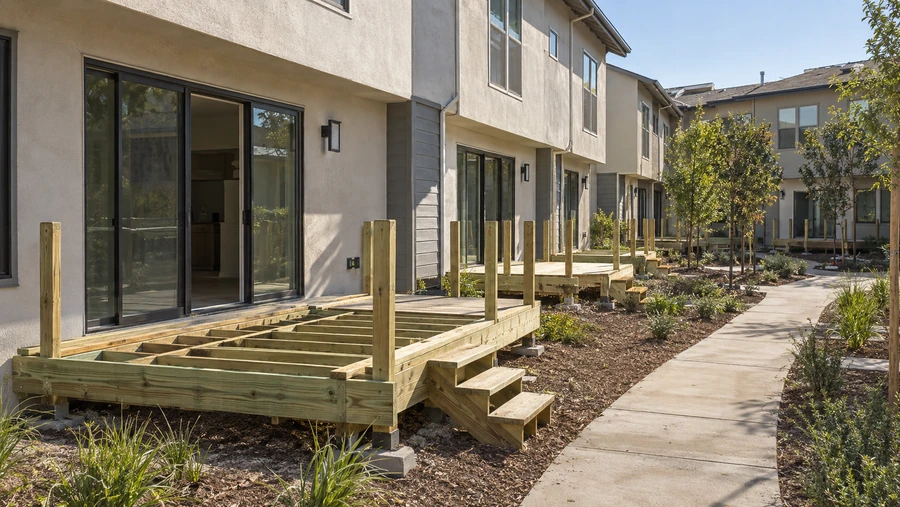 Deck frame on concrete piers beside a completed pressure-treated deck