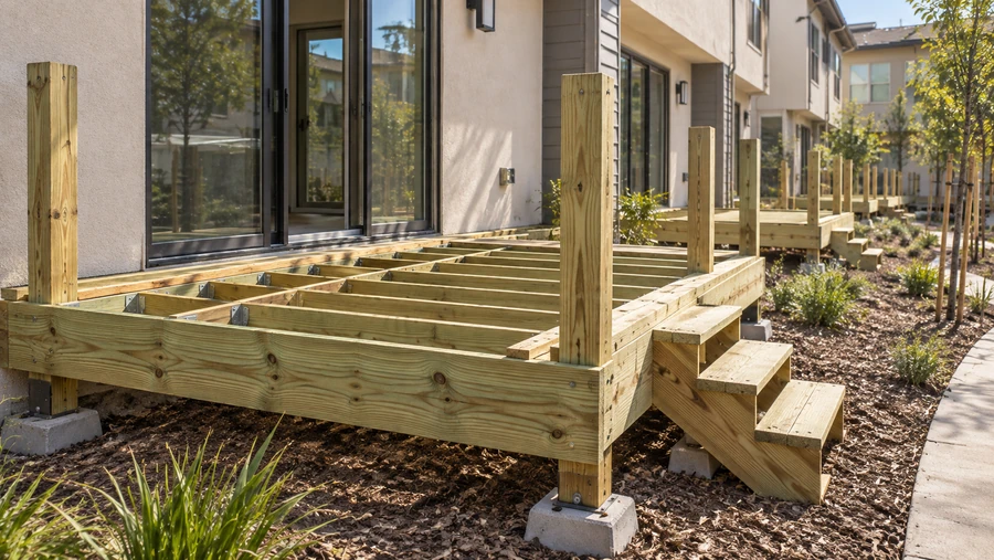 Pressure-treated deck frame with joists on hangers, posts on metal bases and stair stringers in place