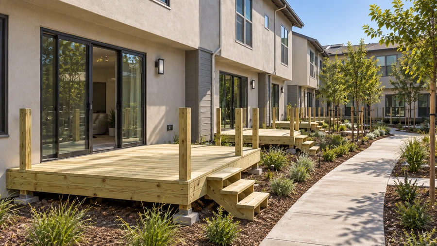 Finished pressure-treated deck and steps at a townhome unit, boards freshly laid