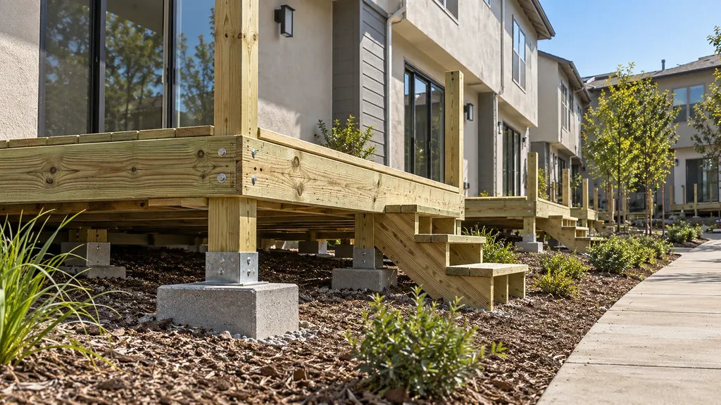 Close view of a pressure-treated post on a galvanised base and concrete pier, with rated bolts through the beam