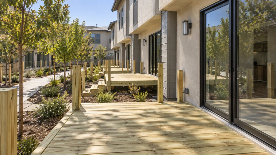 Completed pressure-treated deck surface running along a courtyard elevation