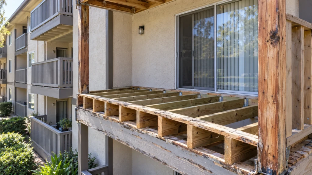 Apartment balcony with the decking stripped off, new pressure-treated joists set on the original rim