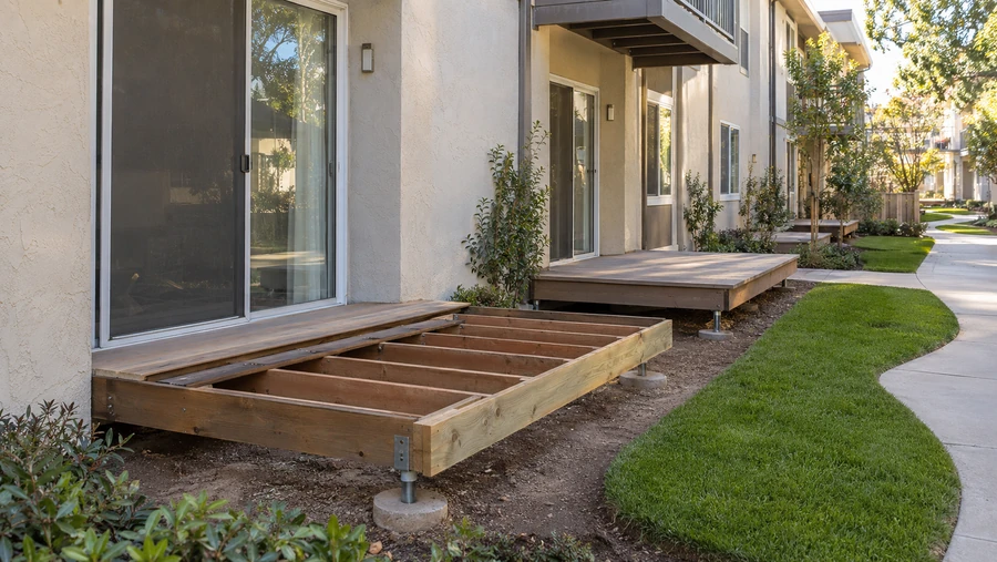 Ground-floor patio deck with boards lifted, exposing joists and new rim framing