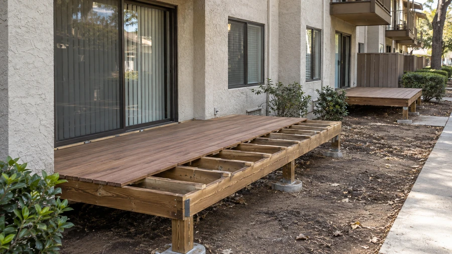 Walkway deck part-replaced, new boards laid over renewed framing on concrete piers
