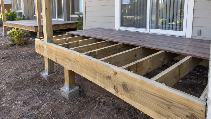 New deck frame with joists, beam and posts on metal bases, decking part-laid