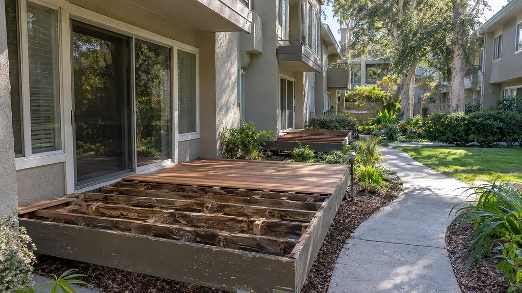 New deck boards laid over blackened rotted joists at an apartment community, with the framing exposed
