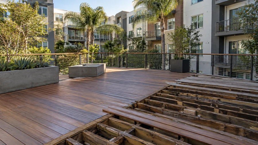 Courtyard amenity deck part-restored, refinished boards beside the original framing opened up