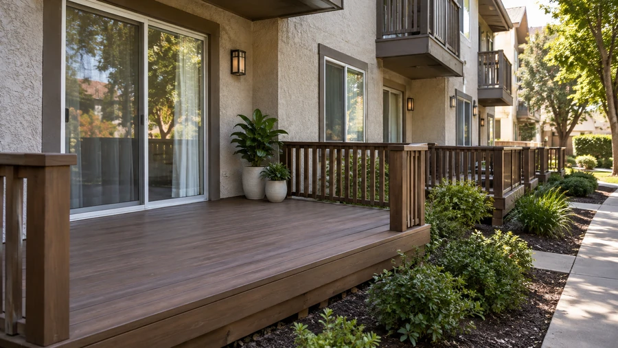 Restored ground-floor patio deck with refinished boards and timber guardrail at a condominium community
