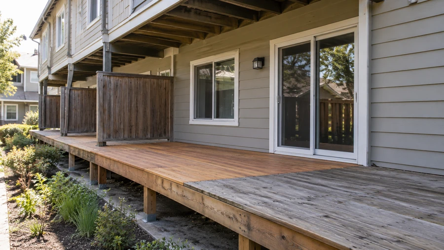 Walkway deck part-restored, new boards running against the weathered original surface