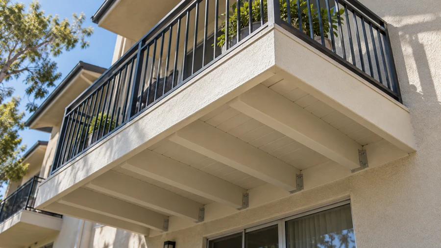 Restored balcony underside with painted soffit and metal connectors at the wall