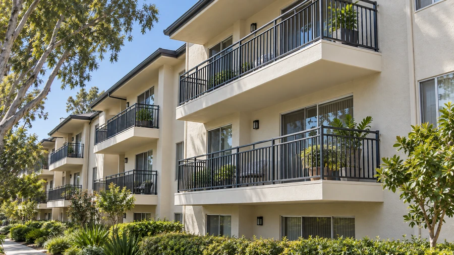 Apartment building elevation with restored balconies and repainted guardrails across three floors