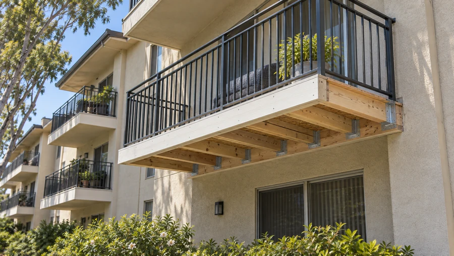 Restored balcony underside with new joists, galvanised connectors and fresh fascia at an apartment building