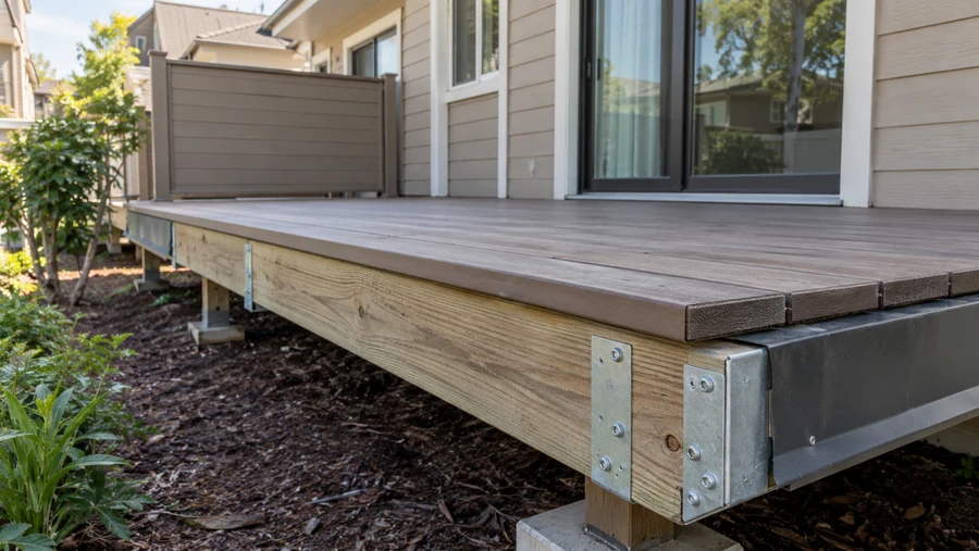 Restored deck edge with new boards, pressure-treated rim and galvanised post connectors