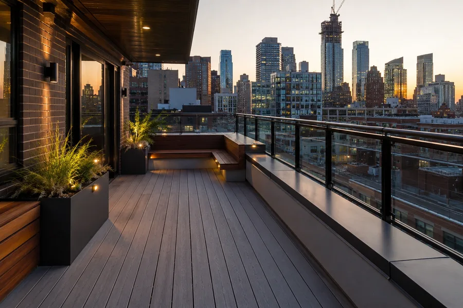 Roof balcony with built-in seating, planters and integrated lighting at dusk