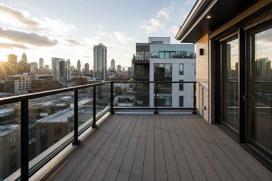 Wide rooftop balcony with glass panel guardrails running to the parapet line