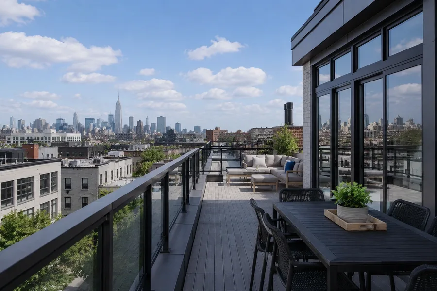 Long roof balcony with glass guardrails and seating along a building elevation