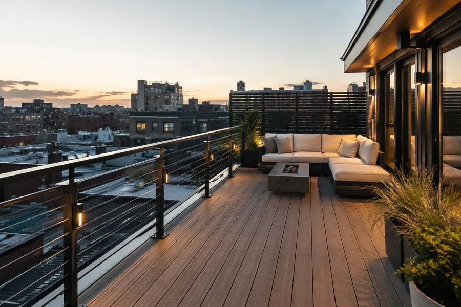 Rooftop balcony with cable guardrails, privacy screening and composite decking