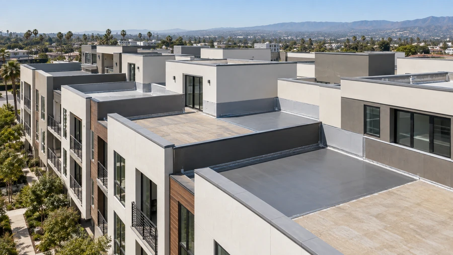 Roof decks with finished membrane surfaces and edge metal across a row of buildings