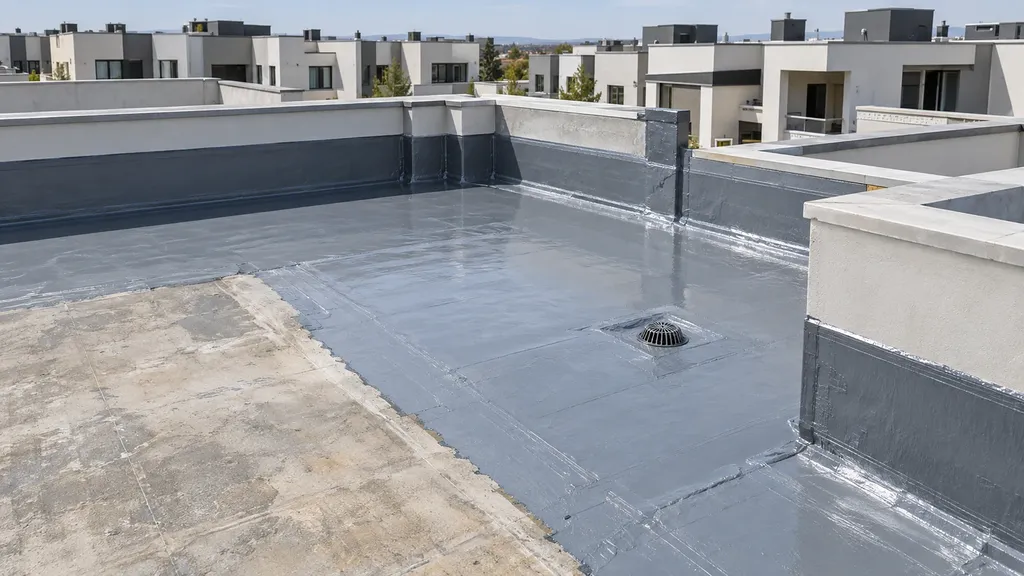 Roof deck part-coated, the membrane meeting bare concrete along a clean edge with a drain set into the field