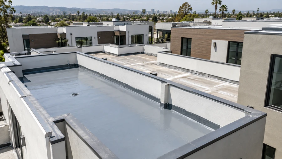 Coated roof deck with drain and wrapped parapets, adjacent uncoated section visible beyond