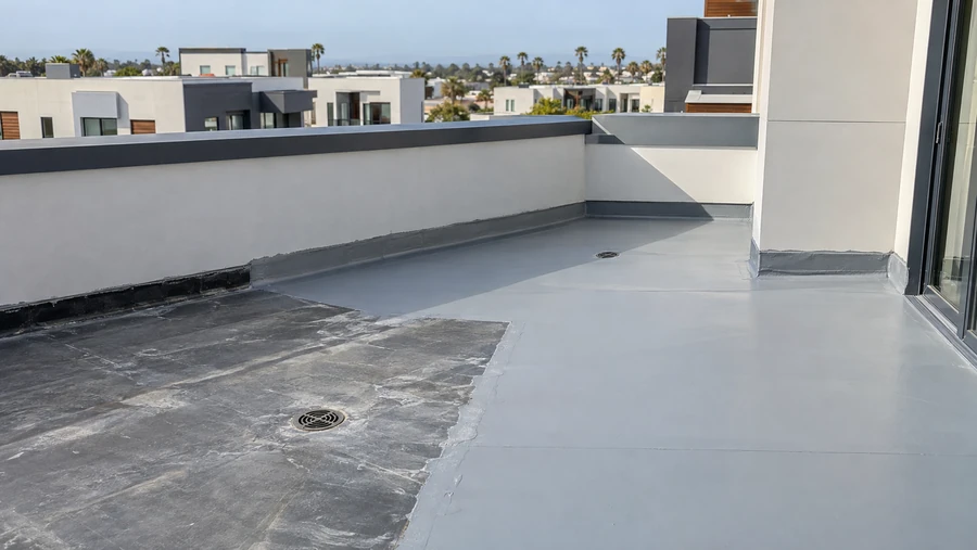 New membrane meeting an older roof surface, a drain on each side of the joint