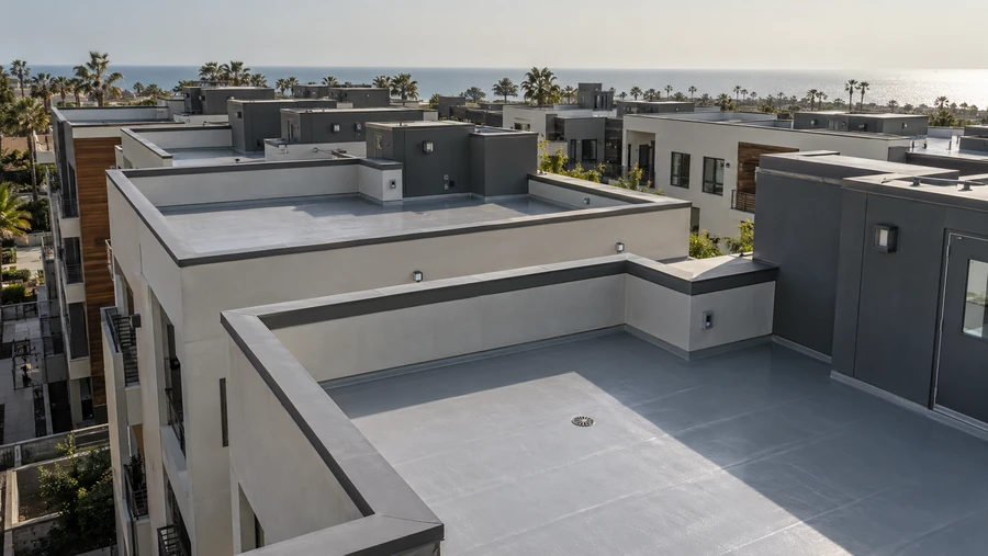Finished roof deck membrane with central drain and parapets wrapped, coastal community beyond