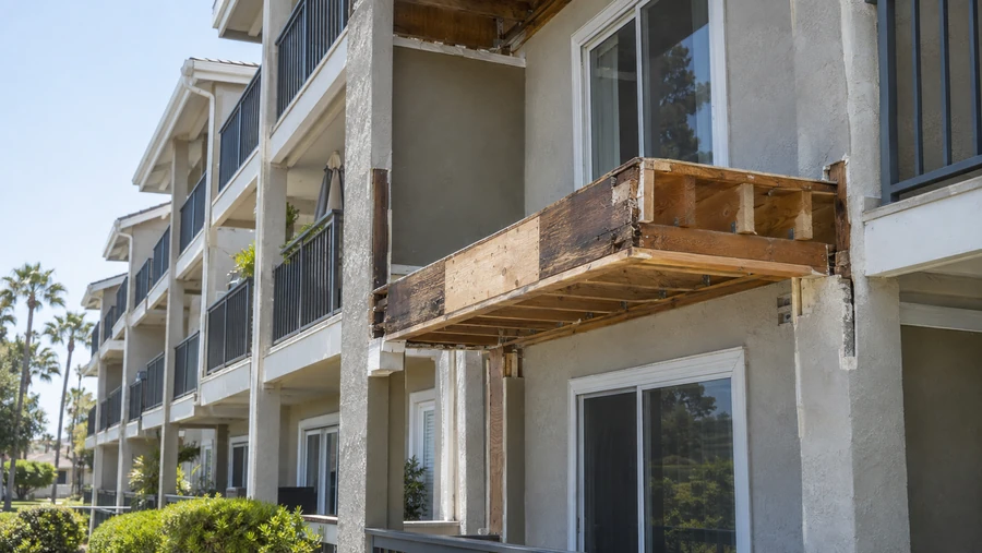 Balcony stripped to bare framing with decayed and sound members side by side