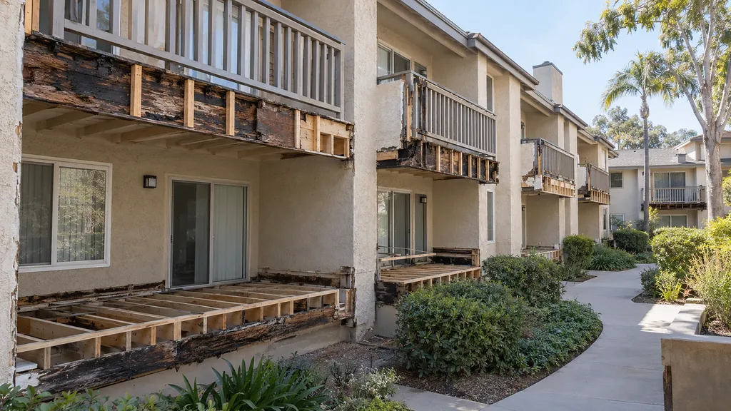 Apartment community with upper balconies and ground-level decks all opened to the framing, decay visible along the rims