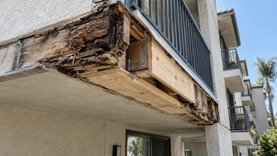 Underside of a balcony with the beam destroyed by brown rot and new framing spliced in