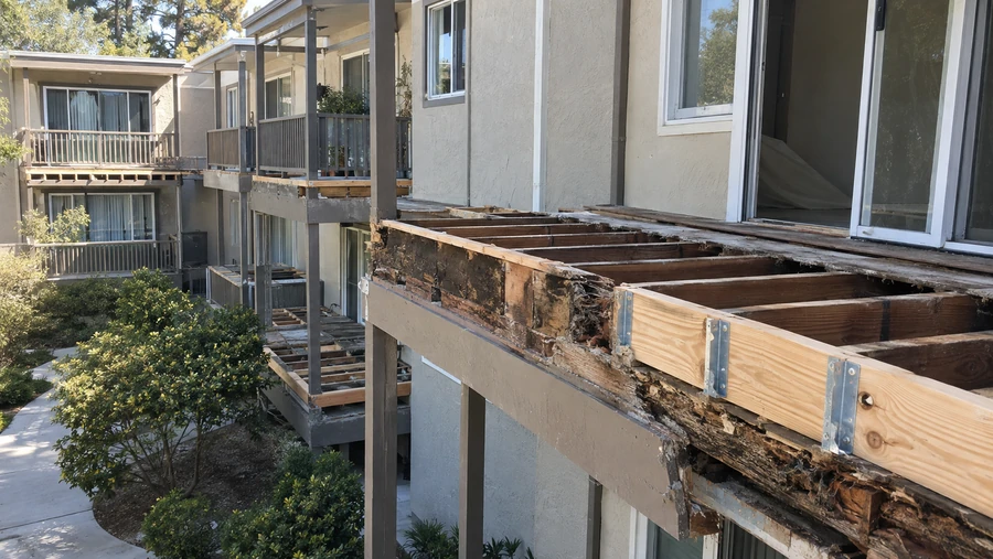 Elevated walkway opened along its length, decay in the rim and new joists set on connectors