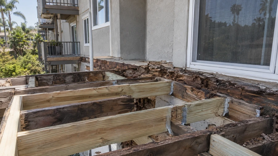 Deck opened to the joists with new pressure-treated framing on rated hangers beside heavily decayed original members