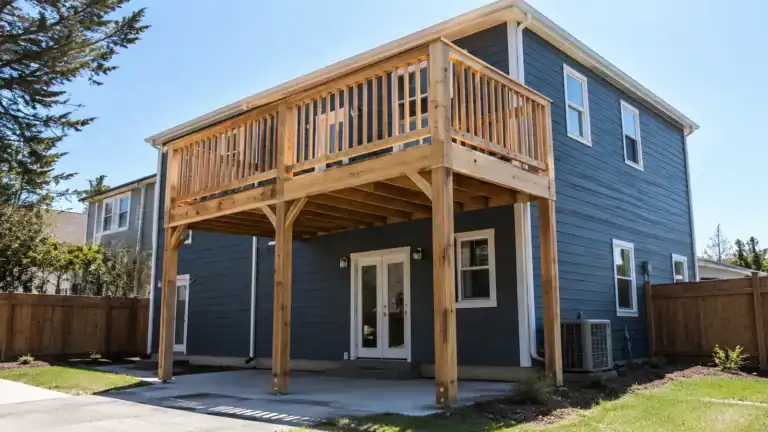 Post-supported second-story balcony added to an existing two-story building, with posts carrying load to a concrete patio at grade