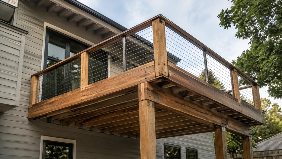 Second-floor balcony framing with exposed joists, beams, metal connectors and cable guardrails