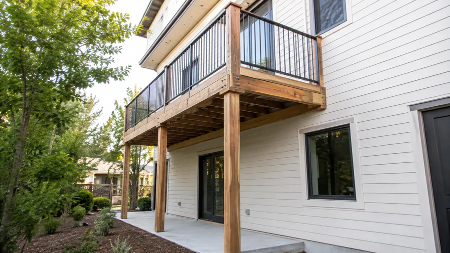 Second-story balcony supported on wood posts above a ground-floor patio