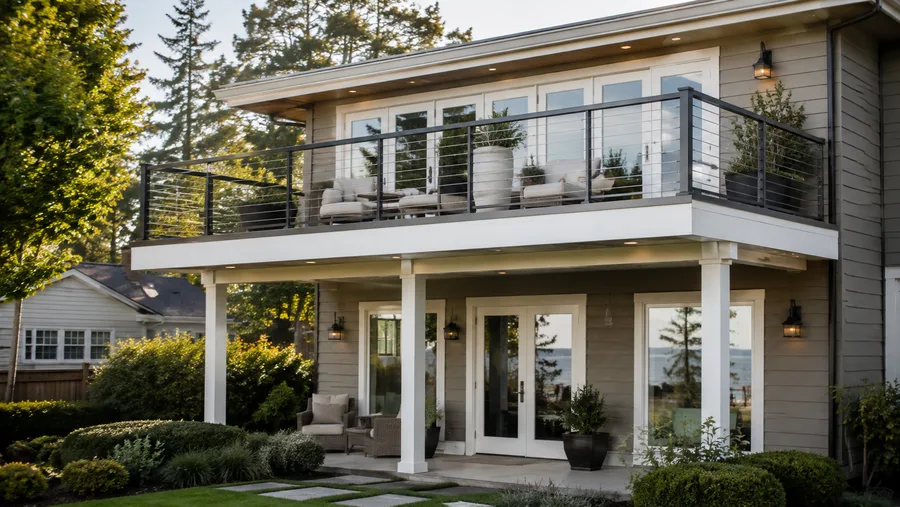 Second-floor balcony with cable guardrails above a covered ground-floor patio